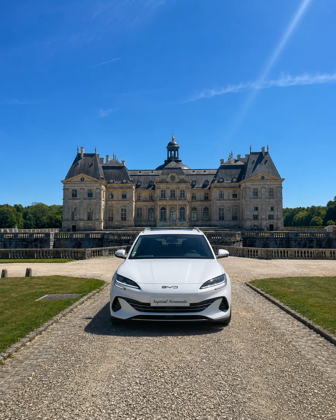 Berline hybride Imperia Normandie avec chauffeur devant le château de Vaux-le-Vicomte